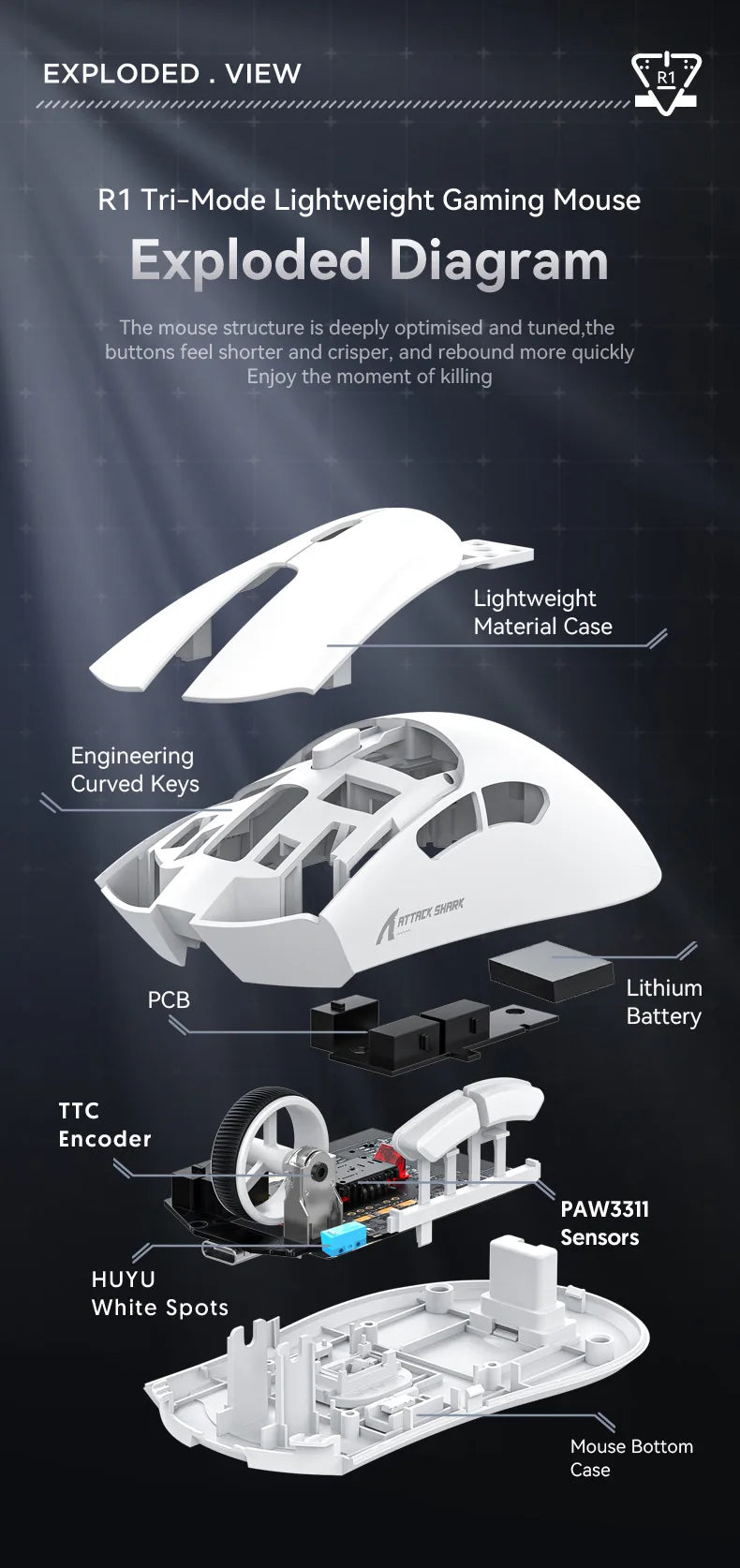 Attack Shark R1 leichte Bluetooth 2.4G kabellose Gaming-Maus PAW3311 18000DPI ergonomische Makro-Maus