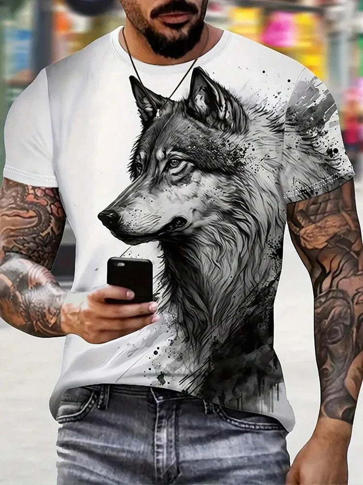 Different Pupil Wolf Print Men's T-shirt Men's Daily Casual T-shirt Urban Street Fashion Short-sleeved Summer Outdoor Sports Tee