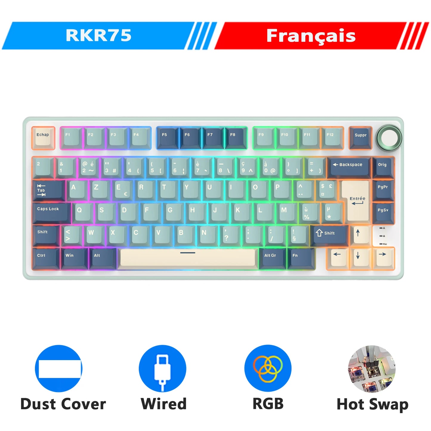 RK Royal Kludge R75 Gasket Wired Mechanical Keyboard 80 Keys RGB Backlit Hot-Swappable Spanish Gamer Keyboard MDA PBT Keycaps