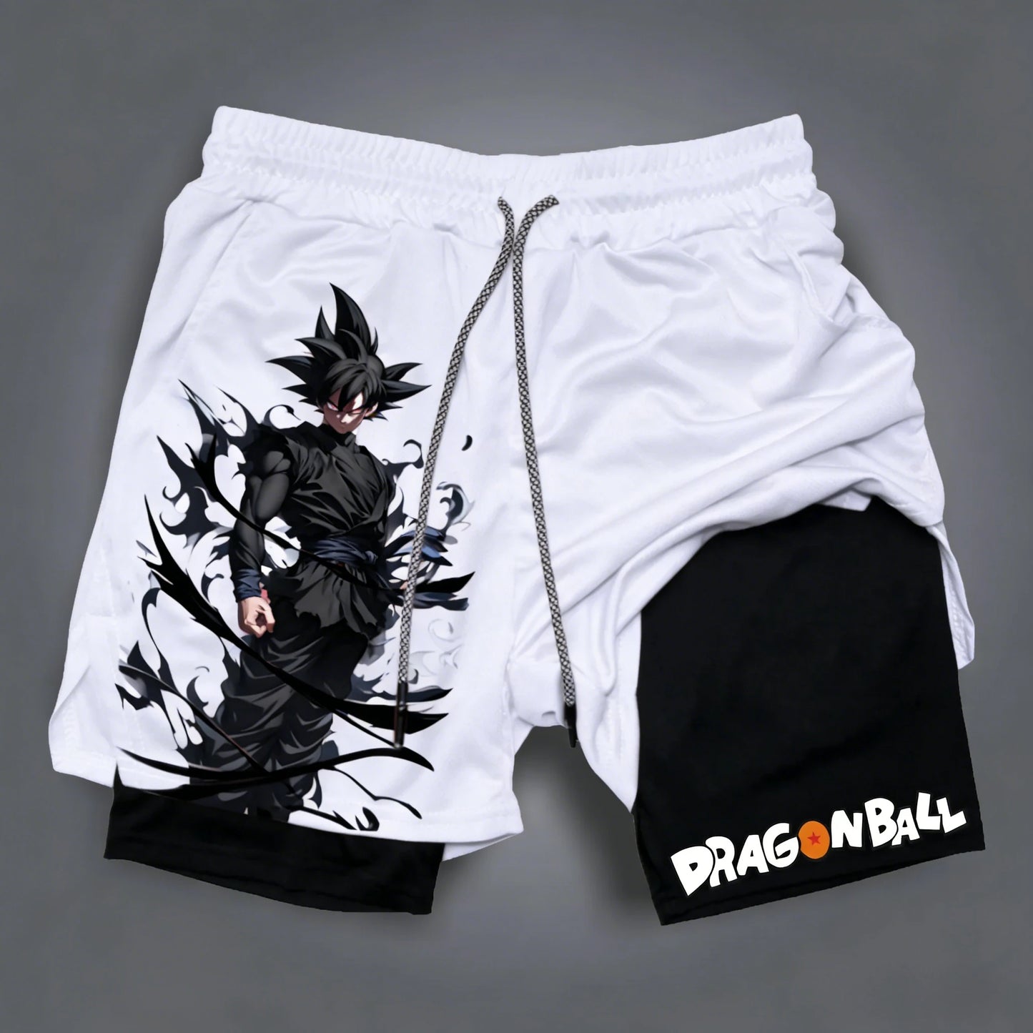 Miesten kaksikerroksiset Dragon Ball -shortsit, Son Goku, kesä, japanilainen anime, feikki-kaksiosaiset urheilu- ja fitness-shortsit, nopeasti kuivuvat