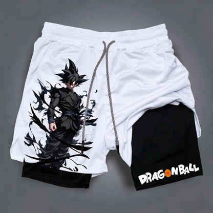 Miesten kaksikerroksiset Dragon Ball -shortsit, Son Goku, kesä, japanilainen anime, feikki-kaksiosaiset urheilu- ja fitness-shortsit, nopeasti kuivuvat