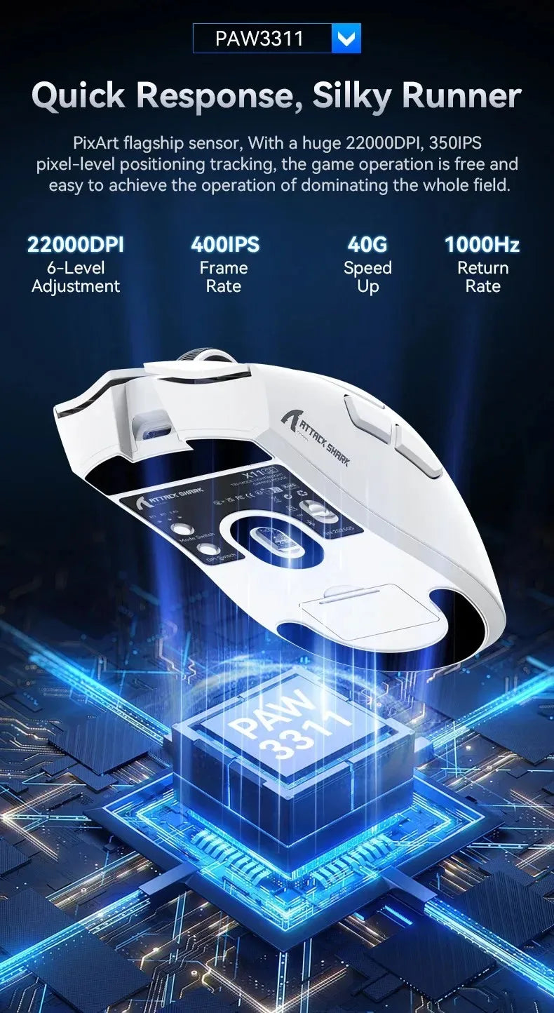 ATTACK SHARK X11SE ultra lagani bežični gaming miš, životni vijek od 20Million ciklusa, PAW3311 Gaming, 22KDPI, 400IPS, 40G, 1KHz, 65 Hours, 30mAH
