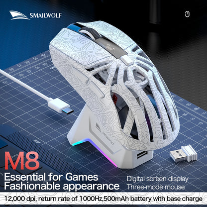 SMAILWOLF M8 Bluetooth Wireless Gaming Mouse, Tri-Mode RGB Rechargeable Mouse with PAW3311 Sensor, 12000 DPI Lightweight Gaming Mouse for PC & Office