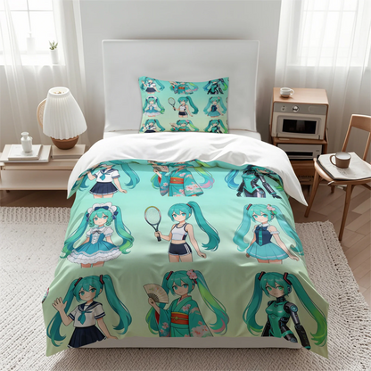 Hatsune Miku Chibi Style påslakanset – Söt anime-sängklädsel med örngott – Spelrum – Tonåringars och barns sovrumsinredning – Present till fans