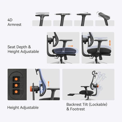 NEWTRAL MagicH-BPro Ergonomic Chair with Footrest Auto Following Backrest Headrest Adaptive Lower Back Support Adjustable Armrest