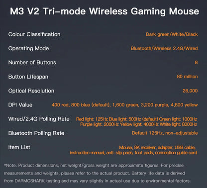 MOTOSPEED Darmoshark M3 V2 8K Gaming Mouse Bluetooth Wireless PAW3395 26,000 DPI Ultra-Light Gaming Mouse for PC, Laptop & Mac