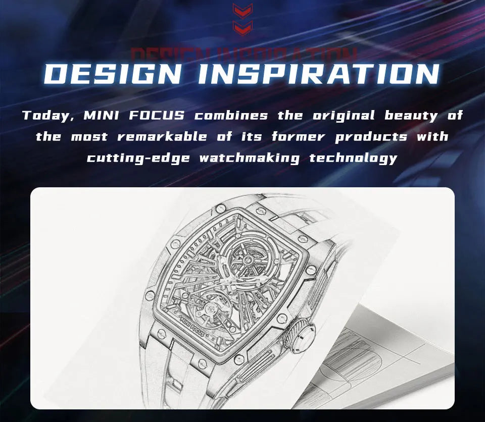 MINI FOCUS Orologio da polso da uomo fashion nero impermeabile, automatico meccanico, con lancette luminose, cinturino in silicone e quadrante tonneau