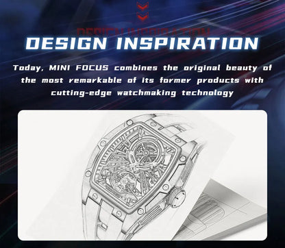 MINI FOCUS Orologio da polso da uomo fashion nero impermeabile, automatico meccanico, con lancette luminose, cinturino in silicone e quadrante tonneau