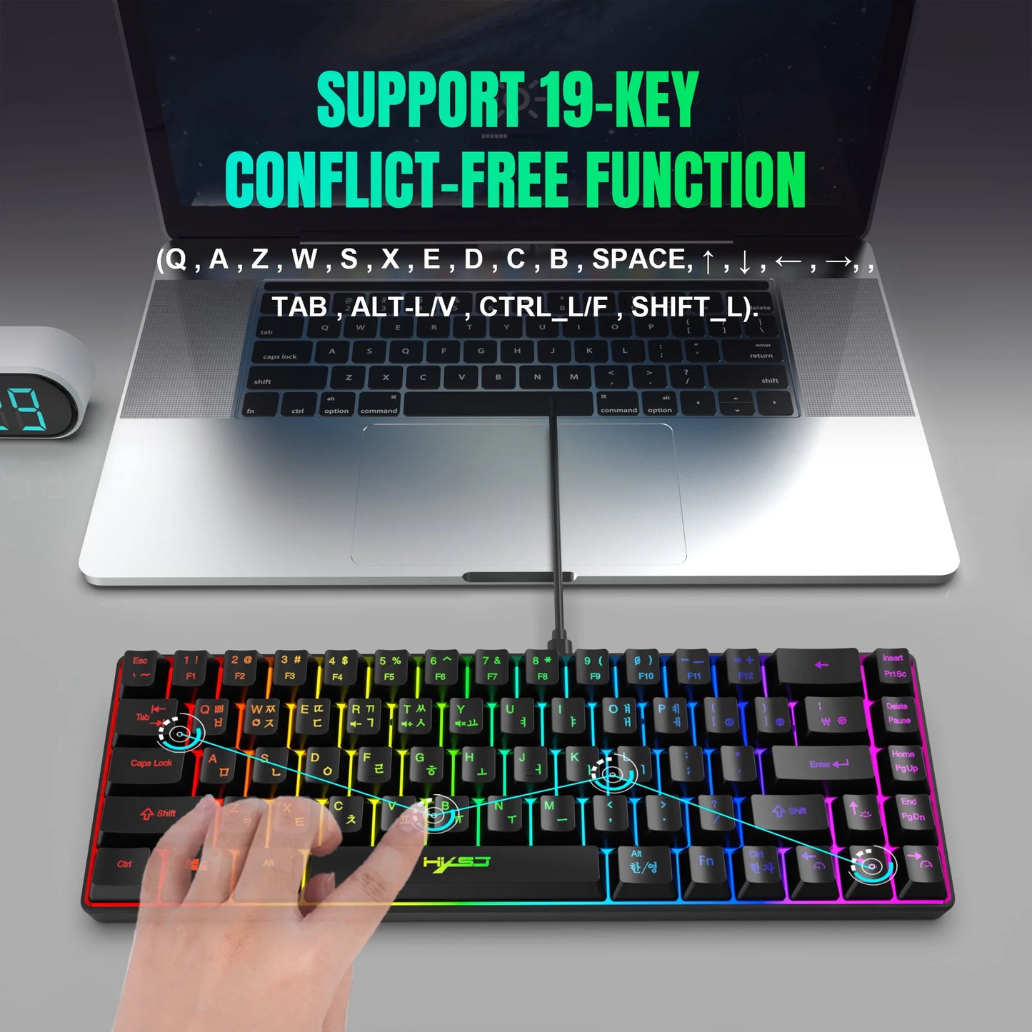 Tastiera gaming 68 tasti USB cablata portatile con retroilluminazione RGB 20, layout coreano, per laptop e computer Windows