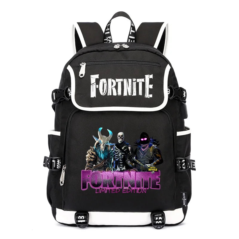 Mochila Fortnite de Grande Capacidade, Saco de Ombro Casual com Porta USB, Unissexo, Estilo Anime, para Estudantes, Nova Mala Escolar Elegante, Presente de Papelaria