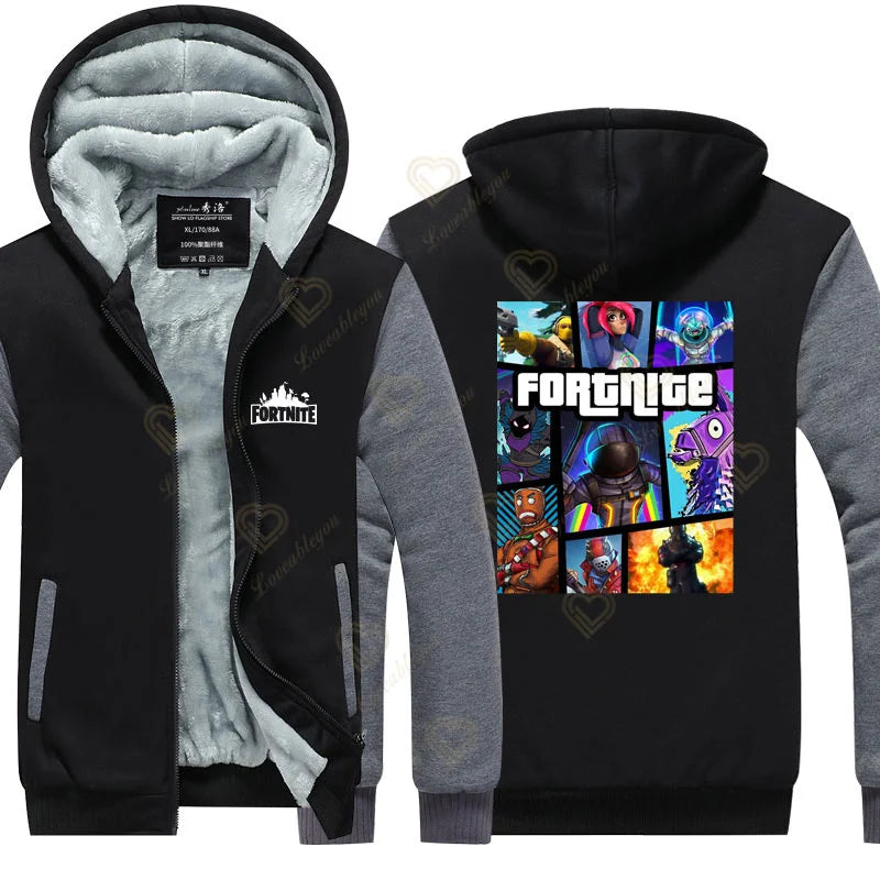 Winter Warm Fortnite Luminescent Hoodies Men Women Game Cosplay Sweatshirts Thick Fleece Zipper Couple Jacket & Coat