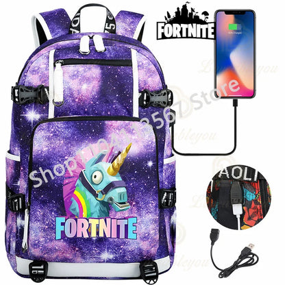 Ultima Knight F-Fortnited Battle Royale Rucksack mit USB-Ladeanschluss, Anime-Figuren und Studienfach für Schreibwaren für Schüler