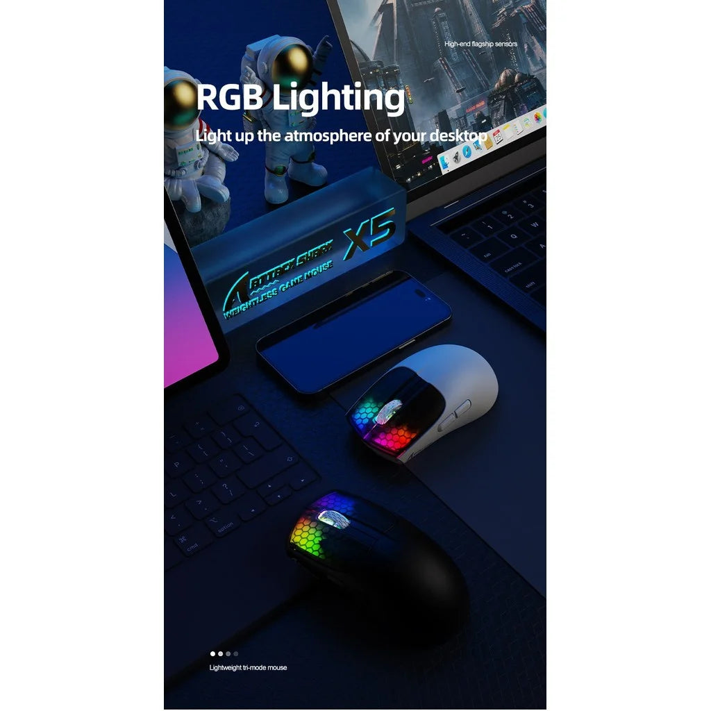 ATTACK SHARK X5 belaidė pelė, lengva, trijų režimų jungtis 2.4GHz / laidinė / Bluetooth, RGB makro žaidimų pelė