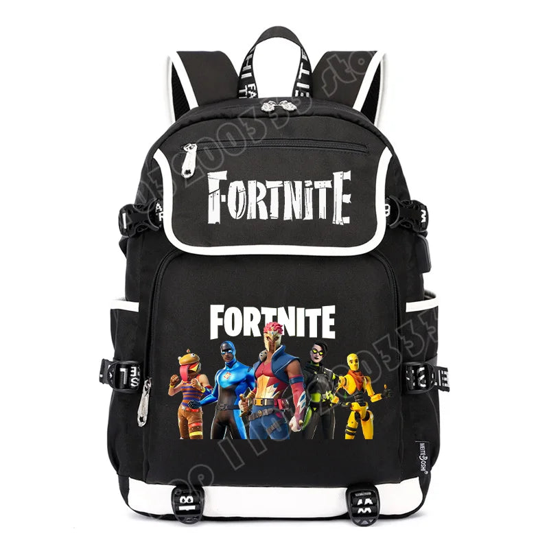 Mochila Fortnite de Grande Capacidade, Saco de Ombro Casual com Porta USB, Unissexo, Estilo Anime, para Estudantes, Nova Mala Escolar Elegante, Presente de Papelaria