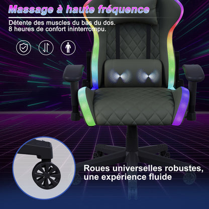 Fangange Gaming Chair with Massage Function, Adjustable backrest, Computer Chair, with ambient light, Lumbar Cushion, Pillow, 150 KG