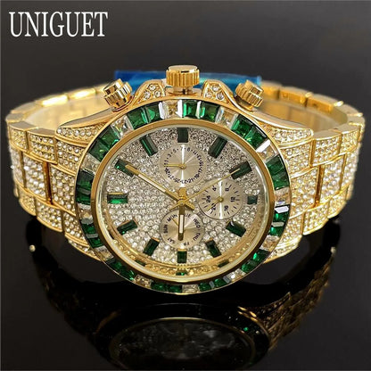 Hot Fashion Green Watches Men Brand UNIGUET Luxury Stainless Steel Hip Hop Rainbow Diamond Quartz Wristwatch Male Dropshipping ﻿