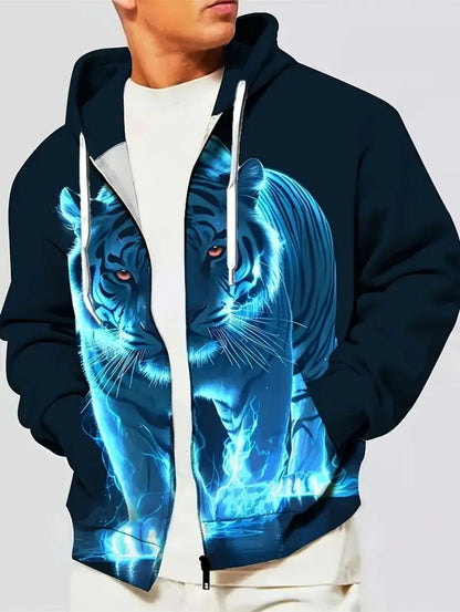 2025 Mens Long Sleeve Zip up Tiger Graphic Hoodie Casual Outdoor Fashion Coat with Drawstring and Pockets Zipup Hoodie for Man