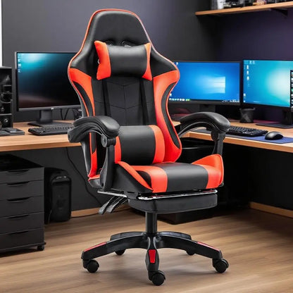 Ergonomic Gaming Chair with Lumbar Support Pillow, Adjustable Footrest, Reclining Computer Gaming Chair, PU Leather Office Gaming Chair with Adjustable Height
