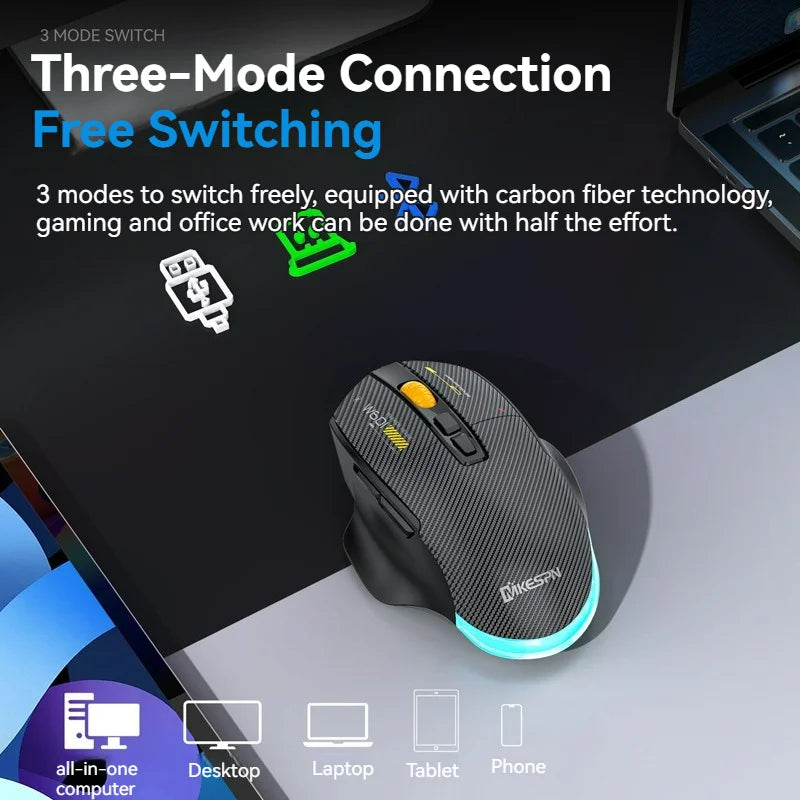 12800 DPI 2.4G Wireless Bluetooth Wired Tri-mode Mouse Mute Button Macro Programming Carbon Fiber Gaming Mouse 500mAh 7 Keys