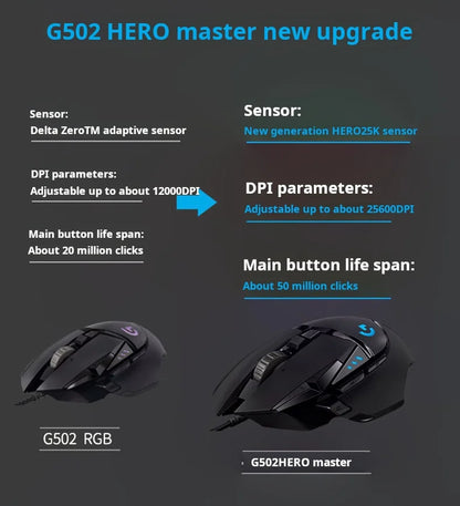 Rato gaming com cabo Logitech G502 HERO para e-sports, rato mecânico RGB com peso ajustável e macro programável para battle royale