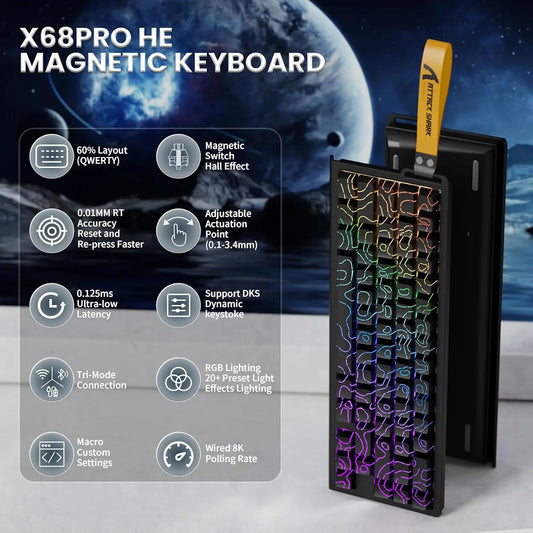ATTACK SHARK X68PRO HE Wireless Rapid Trigger Gaming Keyboard, 60% Hall Effect Magnetic Keyboard, Tri-Mode Mechanical Gaming Keyboard with 8K Polling Rate & Adjustable Actuation
