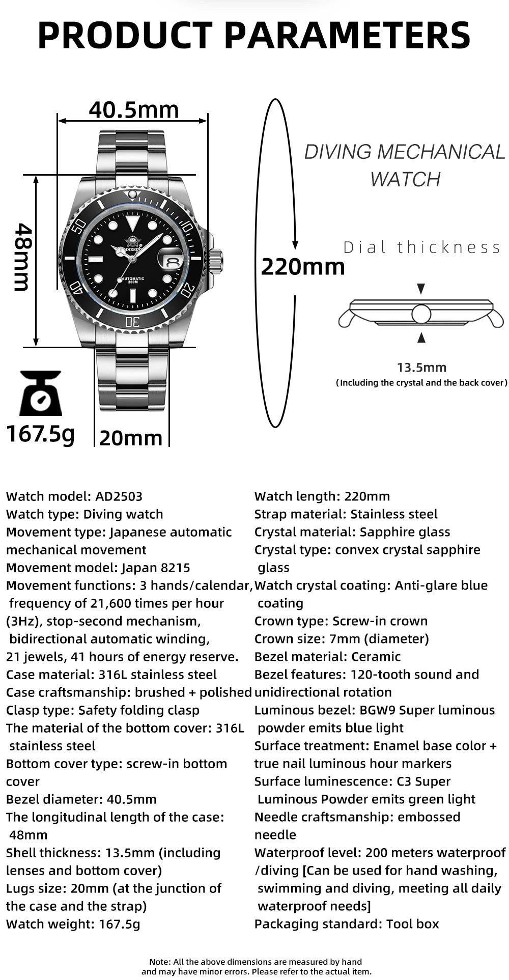 ADDIESDIVE Luxury Men's Automatic Watch 8215 Mechanical Watch BGW9 Luminous Sapphire Glass Diver's Watch Men Analog Watch AD2503