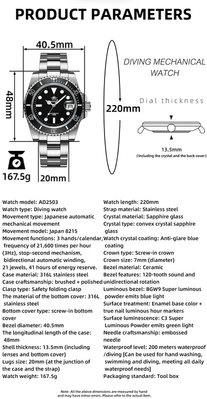 ADDIESDIVE Luxury Men's Automatic Watch 8215 Mechanical Watch BGW9 Luminous Sapphire Glass Diver's Watch Men Analog Watch AD2503