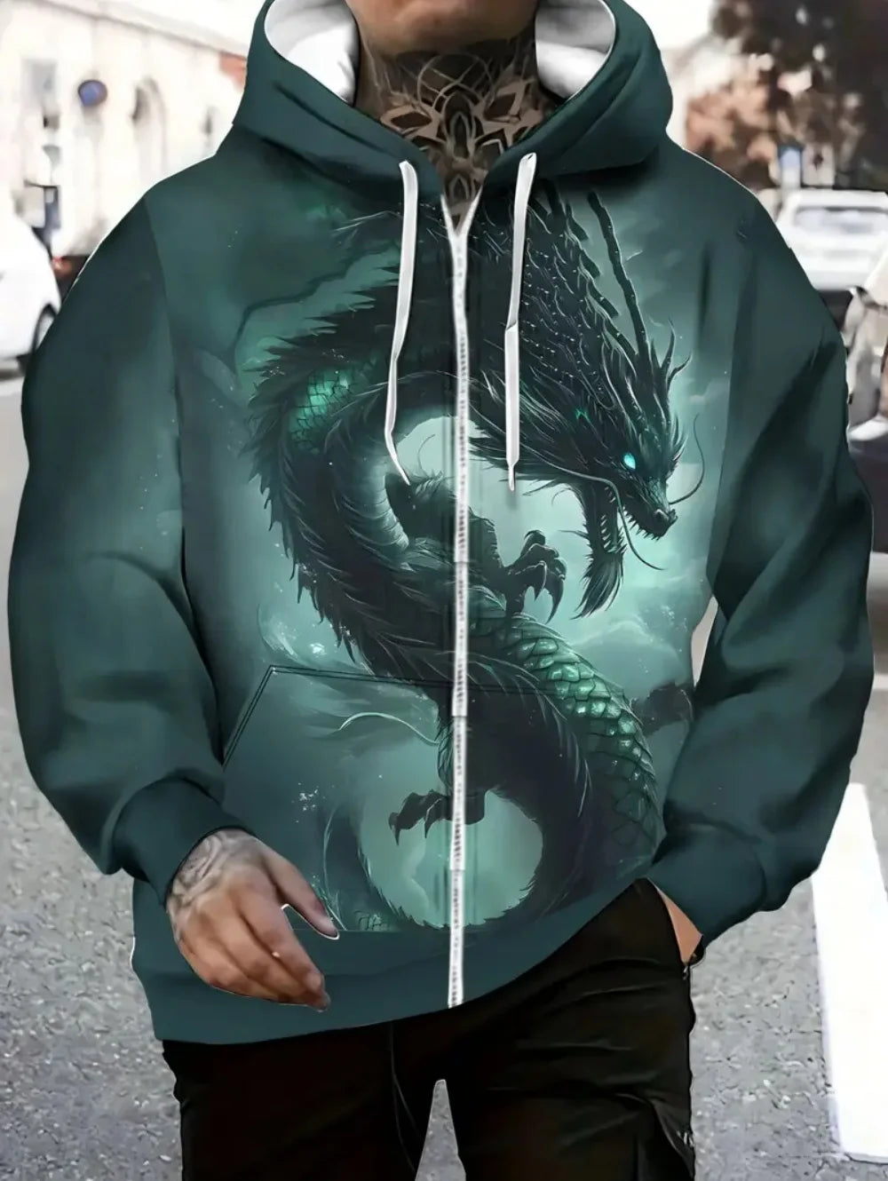 Men's Dragon Print Zipper Hoodie Outdoor Activities Travel Drawstring Long Sleeve Hoodies Autumn Winter Oversize Man Sweatshirts