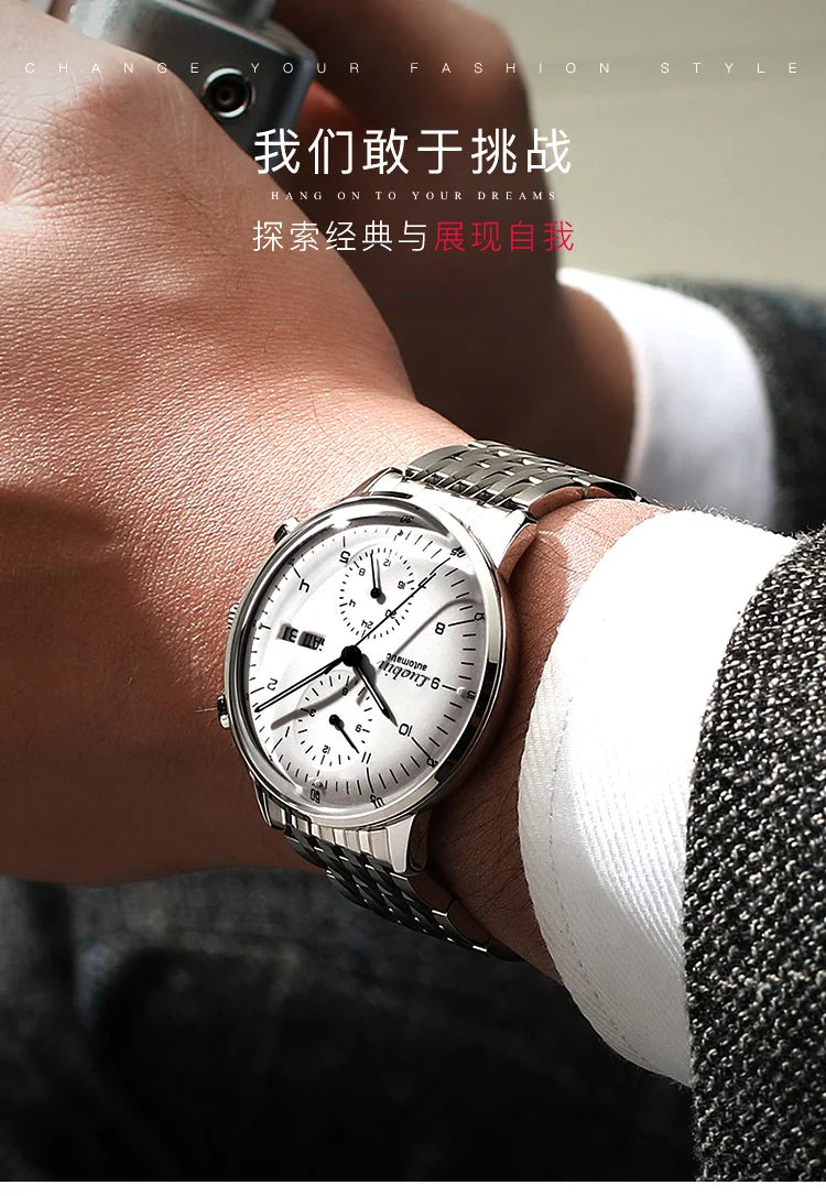 Men's Business Watch Mechanical Movement Multifunction Chronograph Stainless Steel Waterproof Automatic Calendar Sapphire