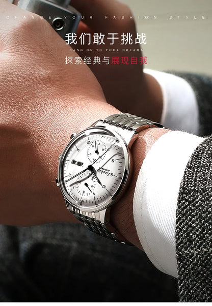 Men's Business Watch Mechanical Movement Multifunction Chronograph Stainless Steel Waterproof Automatic Calendar Sapphire