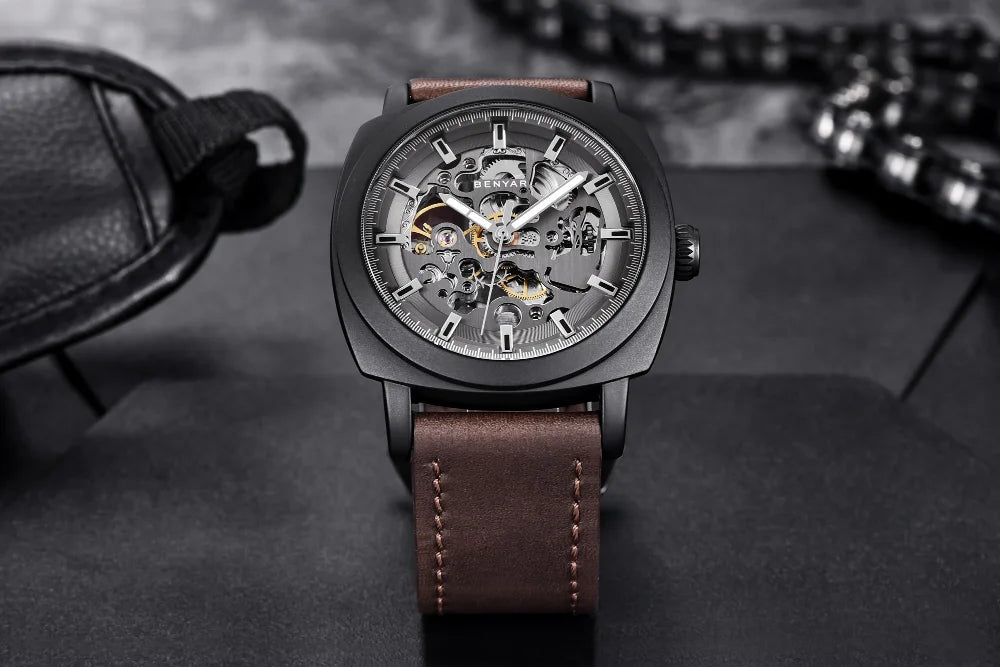 BENYAR Watch for Men Luxury Skeleton Tourbillon Automatic Mechanical Men's Watch 30M Waterproof Leather Strap Sports Reloj Hombre