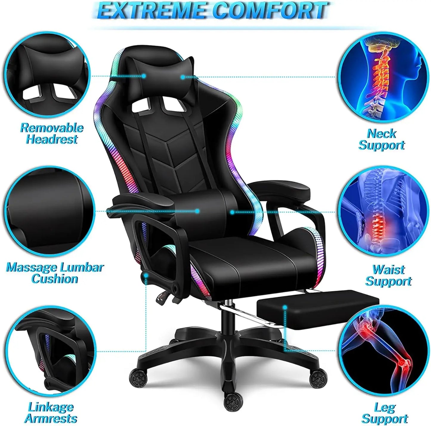 Gaming Chair with Speakers and RGB LED Light, 7 Points Massage Video Game Chair Adjustable with Headrest & Lumbar Support