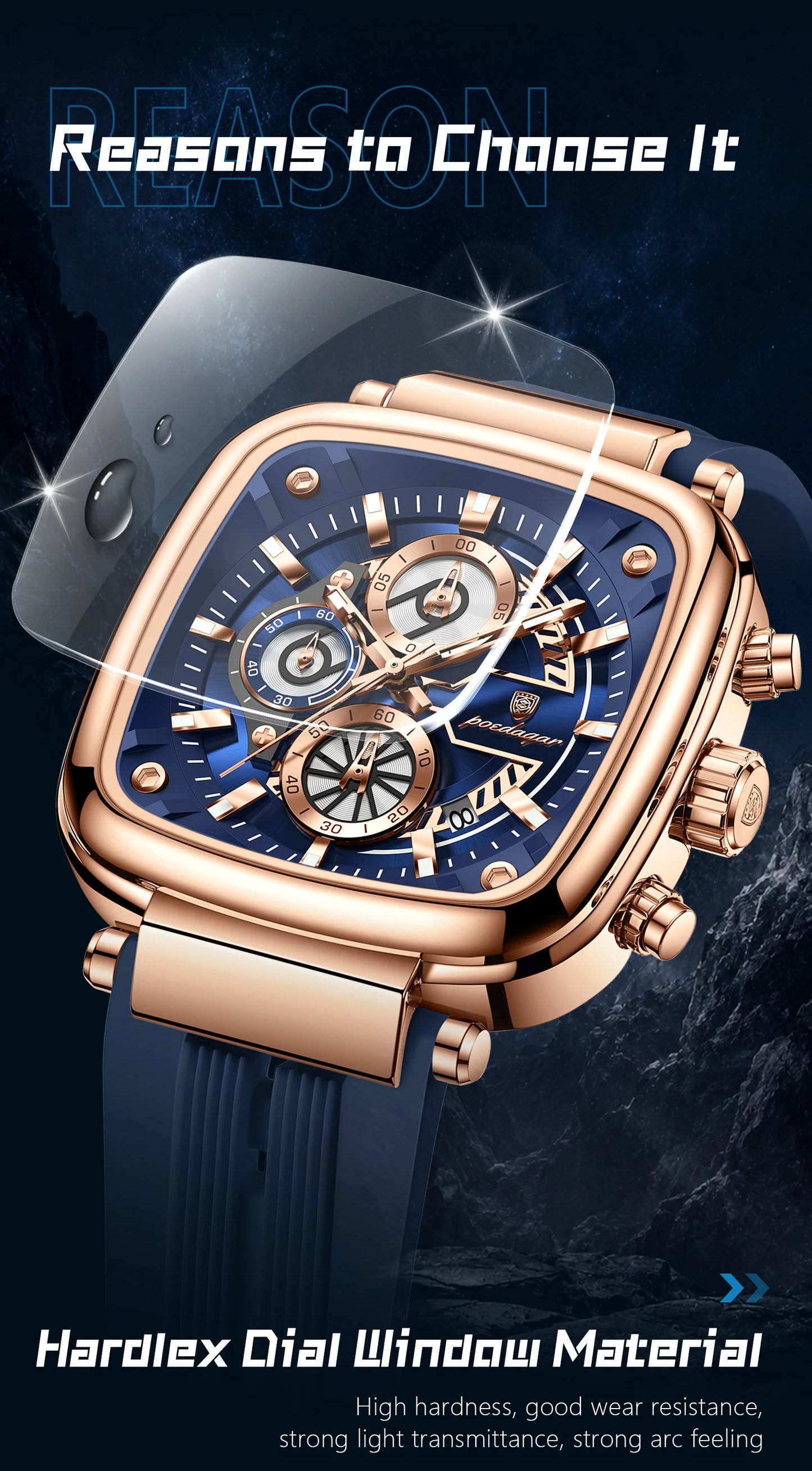 POEDAGAR Square Sport Man Wristwatch Date Waterproof Luminous Chronograph Watch For Men Silicone Strap Men's Quartz Watches Male