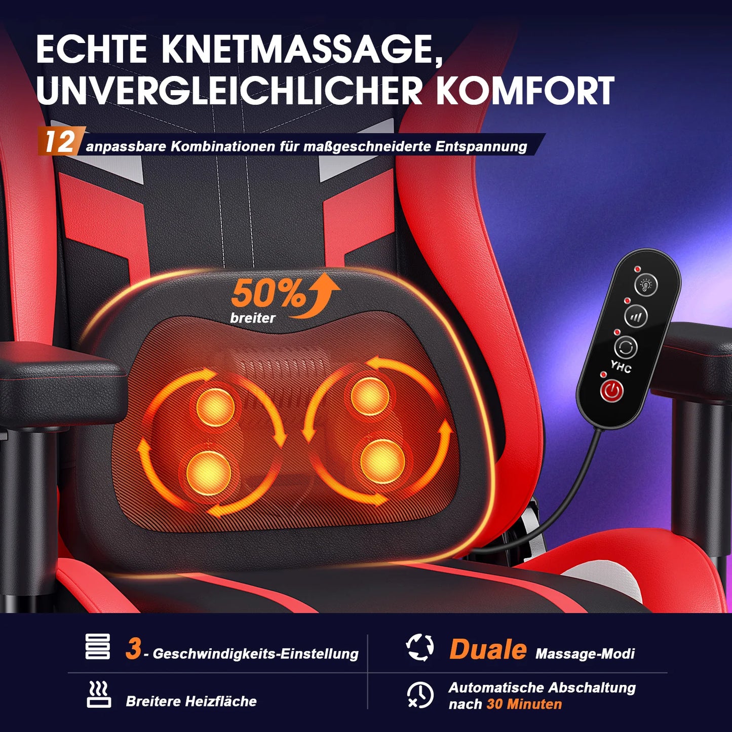 GC-RC03 Gaming Chair Ergonomic Office Chair with Kneading Massage and Heating 90°-175° Recline for Computer Gaming Home Office