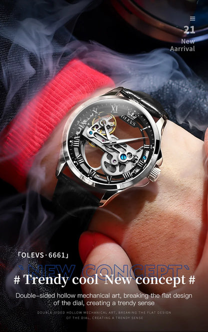 OLEVS 6661 Men's Top Brand Luxury All-Transparent Hollow Mechanical Watch, Original Fashion, Waterproof Classic Design