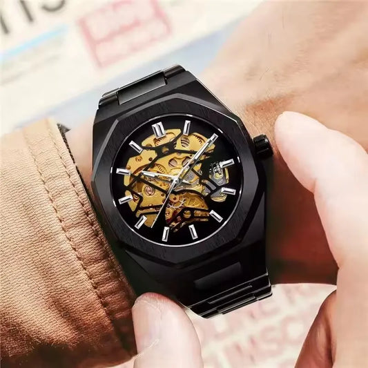 FORSINING 344D Top Brand Luxury Skeleton Automatic Mechanical Men's Watch Hollow Design Luminous Stainless Steel Strap Clock Men