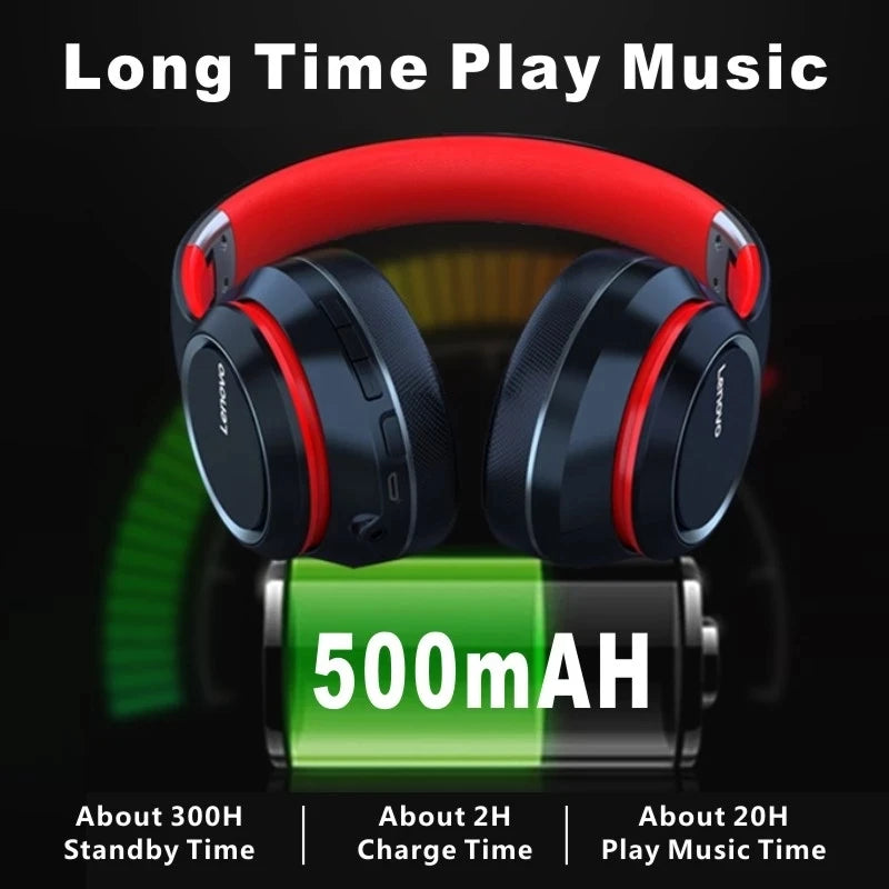 Auscultadores sem fios Bluetooth Over-Ear Lenovo HD200 – Headset gaming estéreo HiFi com cancelamento de ruído e microfone