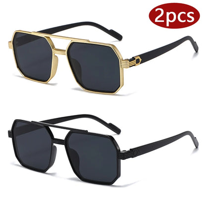 2pcs Trendy Metal Polygonal Pilot Women Sunglasses Luxury Double Beam Men Sunglass Outdoor Driving Shade Sunglasses Unisex UV400