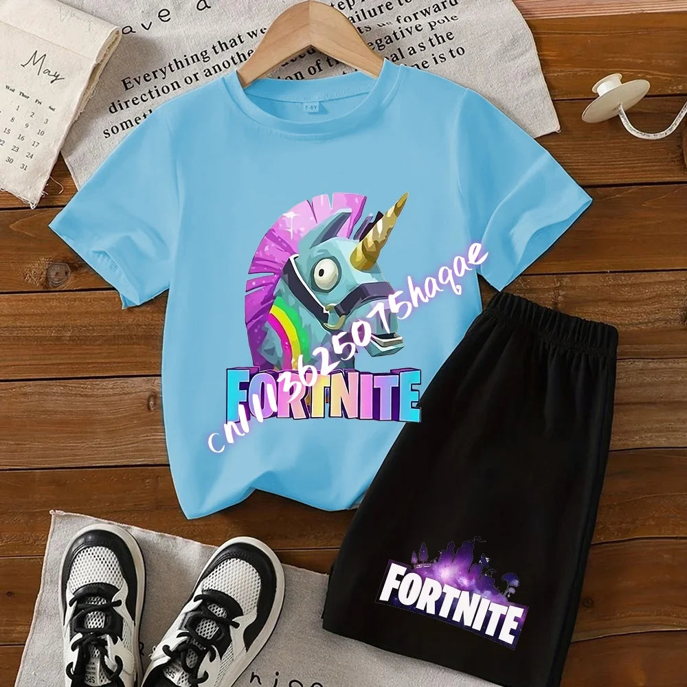 2026 New Fortnite Kids Pure Cotton Short-Sleeved Set with Cartoon Print Boys' Sport Shirt Casual Top Summer T-Shirt 2 Pieces