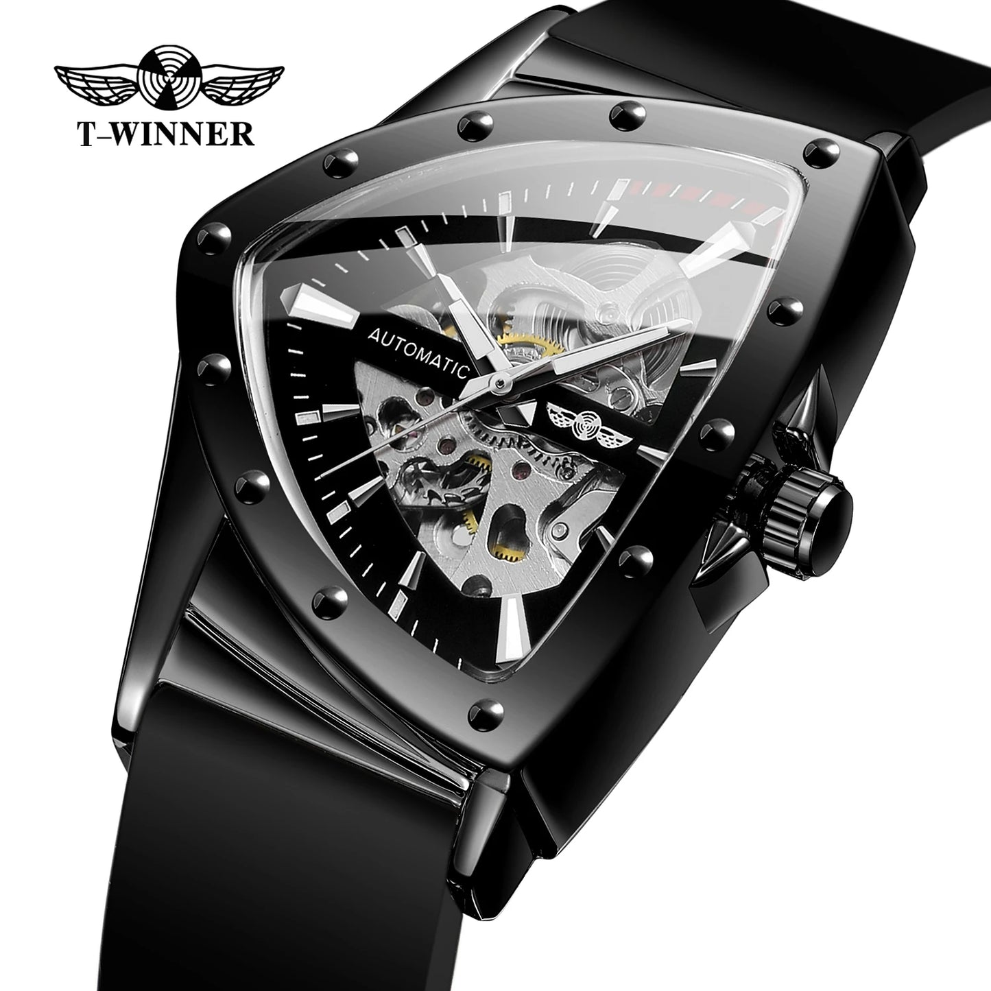 WINNER High Quality Watch for Men Triangle Steel Skeleton Mechanical Automatic Movement Clockwork Waterproof Rubber strap Wrist