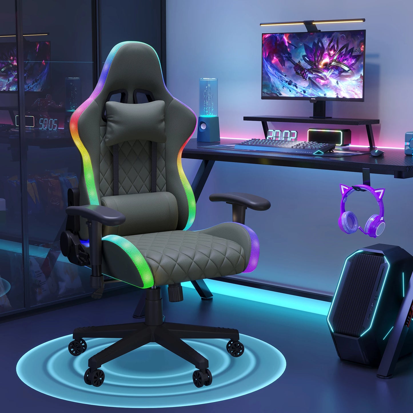 Gaming Chair, Ergonomic Gaming Chair with LED, Adjustable Computer Chair for Teenagers, Lumbar Cushion, Gamer Chair, Black