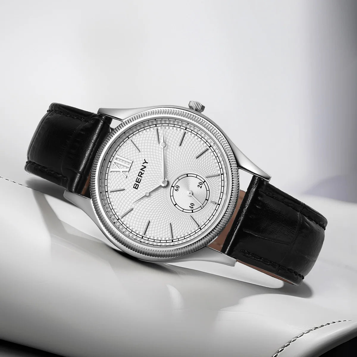 BERNY Men's Watches Luxury Classic Stylish Dress Quartz Watch Slim Stainless Steel Case Elegance Leather Strap Wristwatch