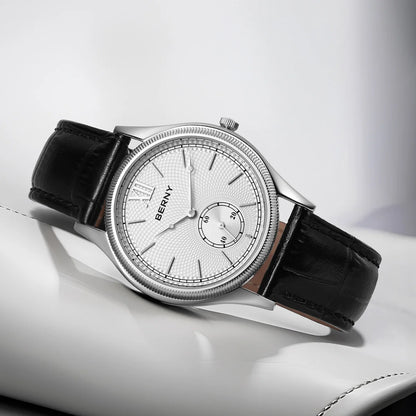 BERNY Men's Watches Luxury Classic Stylish Dress Quartz Watch Slim Stainless Steel Case Elegance Leather Strap Wristwatch