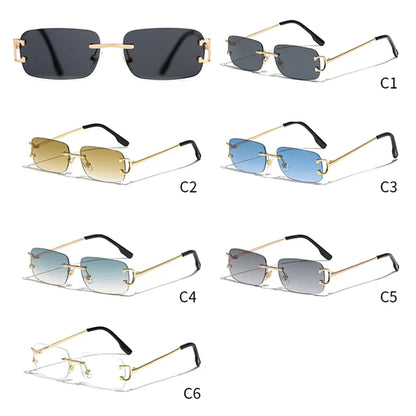 HBK Retro Rimless Sunglasses For Women Men Small Square Gold Frame Brand Design Tea Shades Rectangle UV400 Zonnebril Eyewear