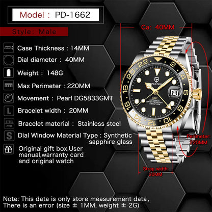 New PAGANI DESIGN Top Brand GMT Mens Wristwatch Sapphire Glass Automatic Men's Watch 100M Waterproof 40mm Men Mechanical Watches