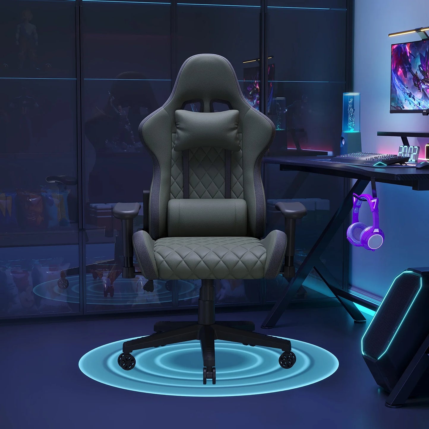 Office Chair, LED gaming chair with ergonomically adjustable backrest, PU leather office chair, lumbar support cushion & pillow