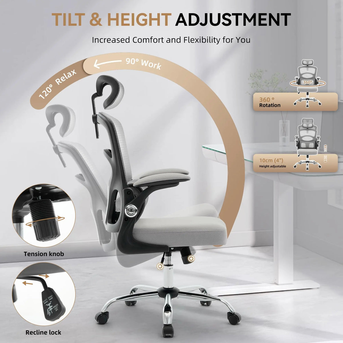 Ergonomic High-Back Mesh Chair Adjustable Headrest Lumbar Support 360° Swivel Rolling Computer Gaming Chairs for Home Office