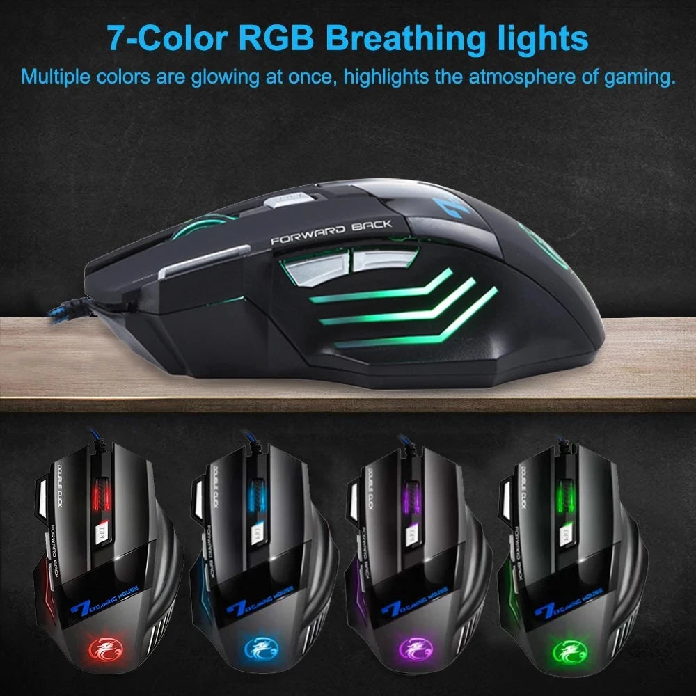 Trådbunden gamingmus för gamer, datormus med RGB-bakbelysning, ergonomisk och tyst mus med LED-belysning, 7 knappar, USB-mus för PC och stationär dator