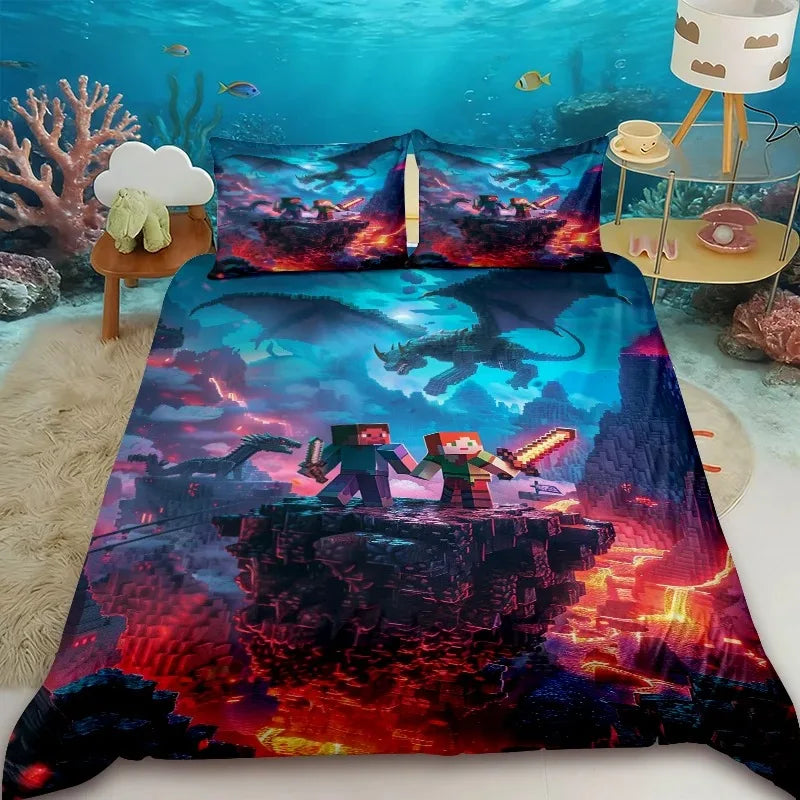 Minecraft 2/3pcs Duvet Cover Cute Cartoon Game Quilt Cover Bedding Set with 1/2 Pillocase Gifts Bedroom Dormitory