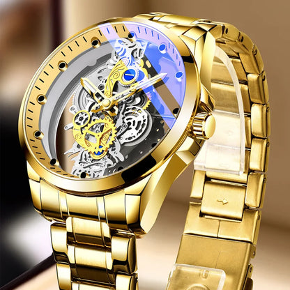 Montre tendance pour homme, modèle à double ouverture, style luxe doré, imitation tourbillon mécanique, mouvement à quartz.